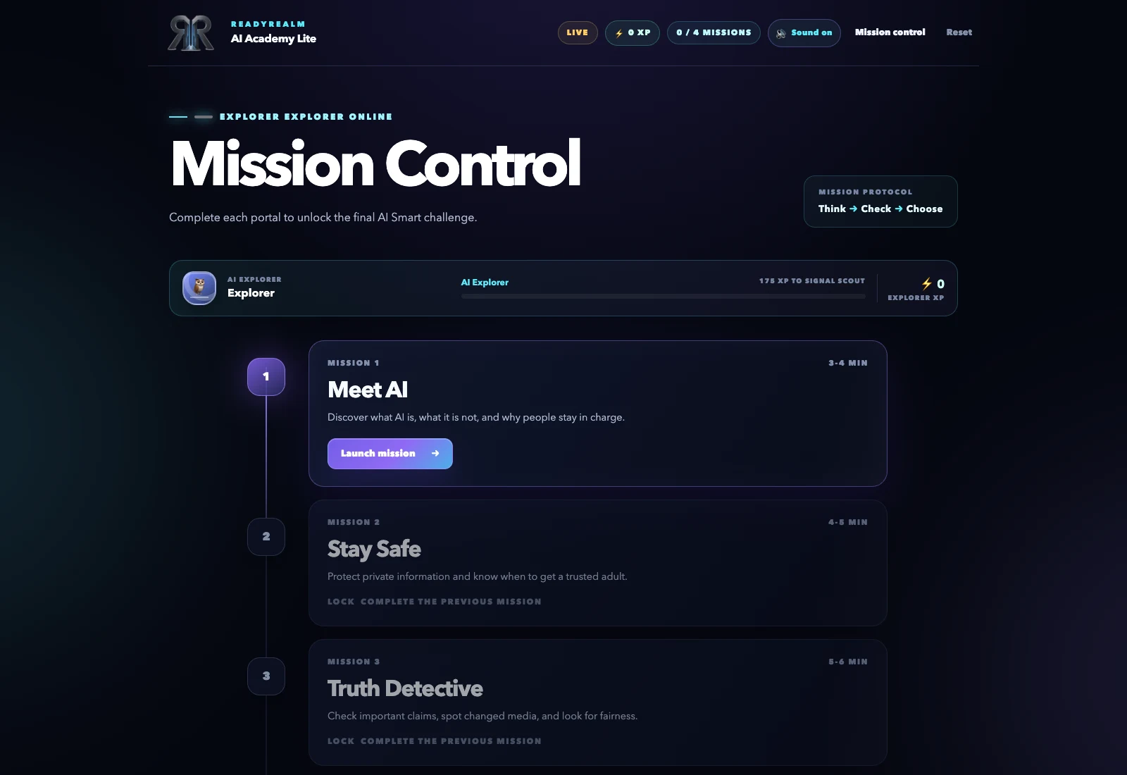 Actual AI Academy Lite mission map with explorer progression and four learning missions