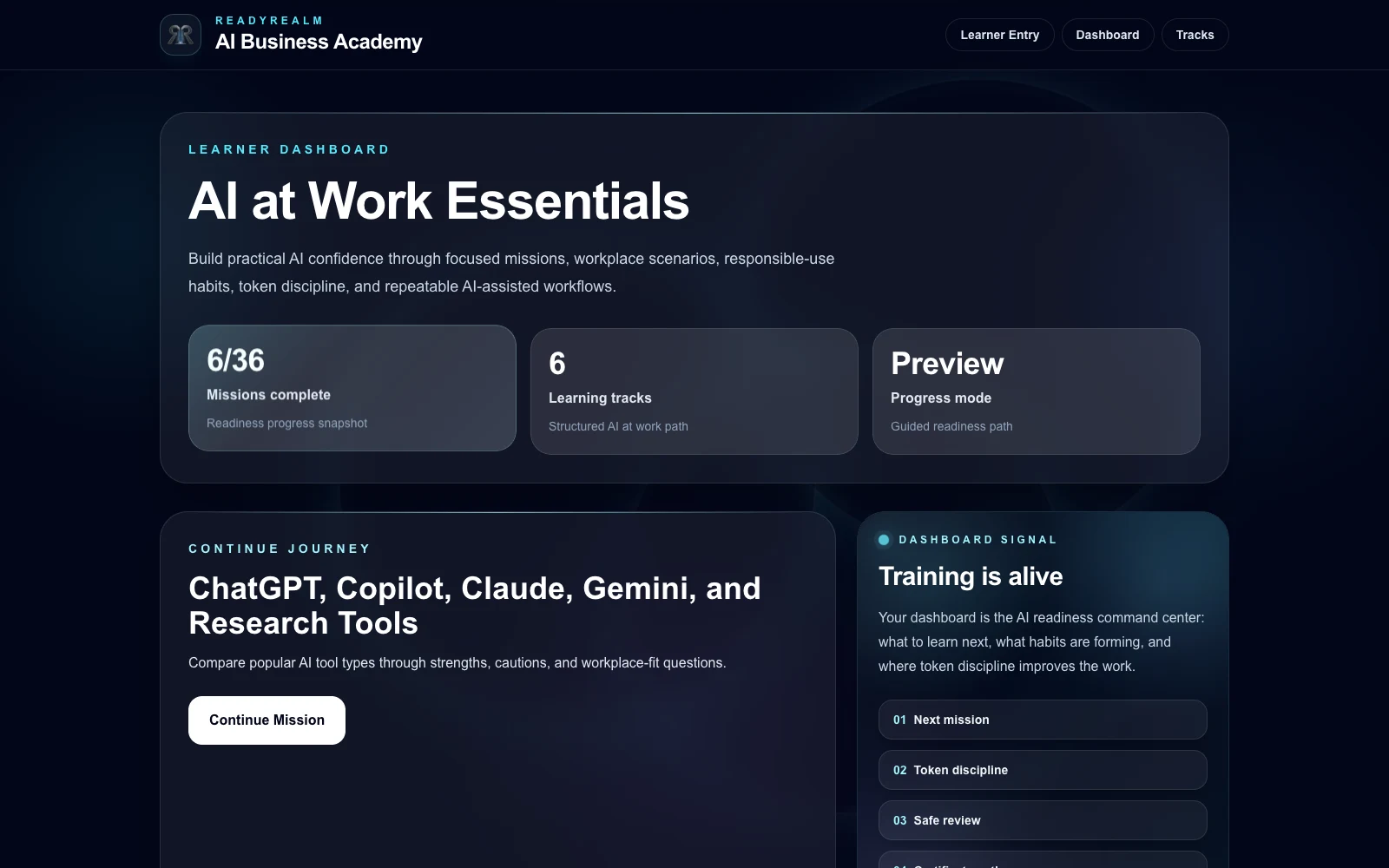 Actual Business Academy learner dashboard with learning tracks