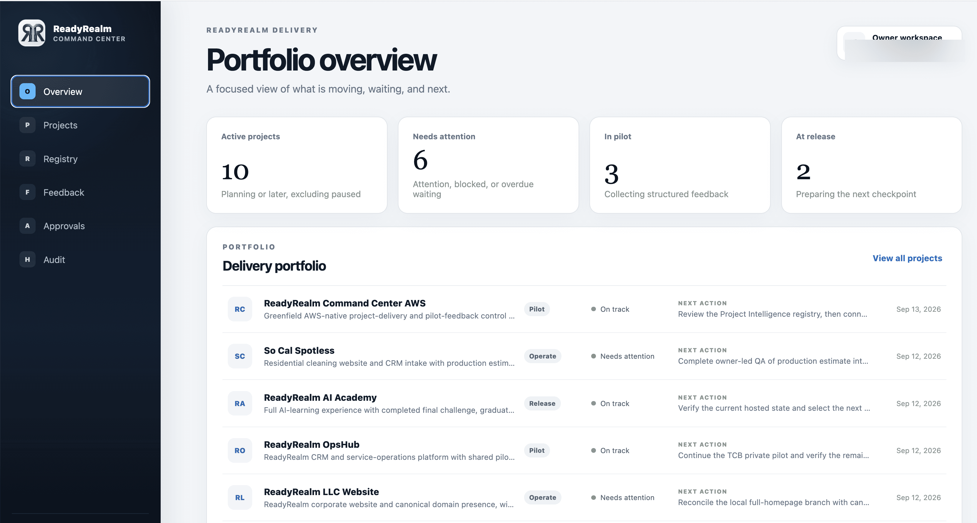 Curated Command Center project portfolio overview